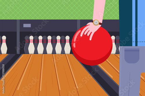Bowling ball in the hand of a man on game club background. Vector cartoon illustration.