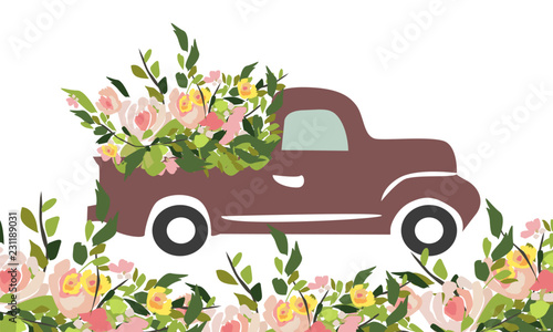 Vintage car with flowers. Engraving style. Vector illustration. Wedding car