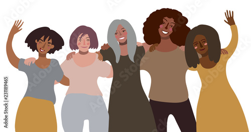 Group of happy smiling women of different race together hug. Minimal style illustration isolated on white. Feminism diversity tolerance concept.