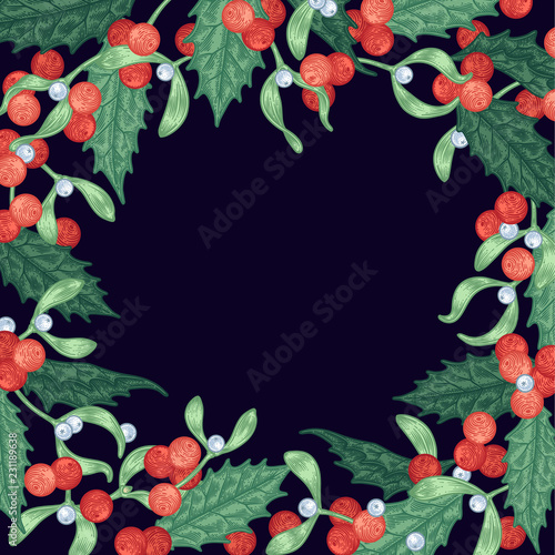 Round frame of detailed holly and mistletoe branches