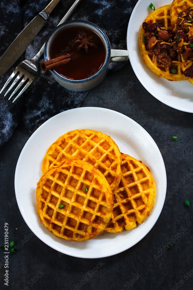Homemade Pumpkin Waffles with Apple Cider, top view / Thanksgiving breakfast Homemade Pumpkin Waffles with Apple Cider, top view / Thanksgiving breakfast