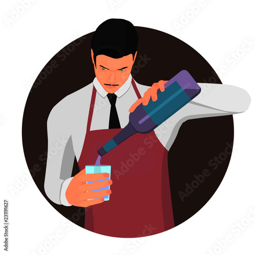 A bartender pours a glass of alcoholic beverage. The man in flat style holds a bottle and a glass.