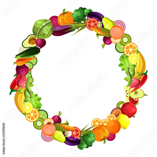 Fruits and vegetables are collected in a wreath