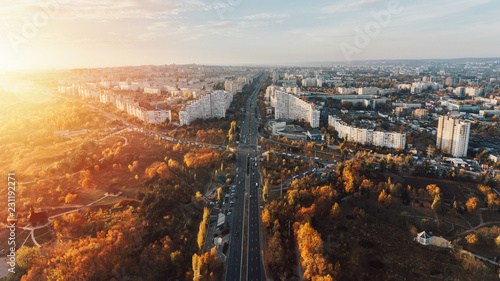 The City Gates at sunset.Beautiful city of Chisinau from a height photo