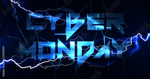 Cyber Monday Sale Banner on tech blue circuit board background with lightning of electricity. Vector Cyber Monday Sale Illustration