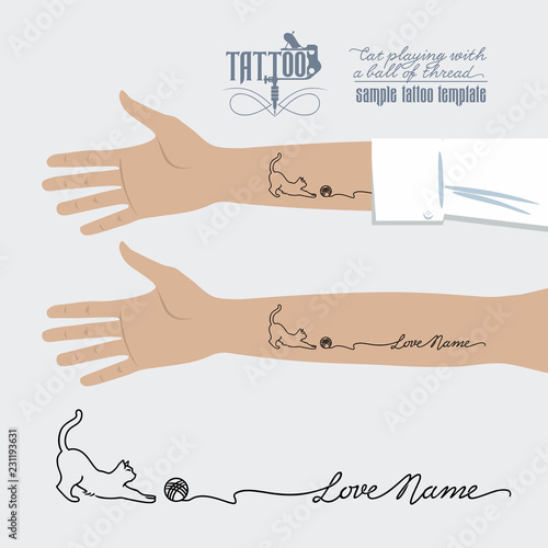 Татуировка, рука, кошка, клубок, нитки, леттеринг, шаблон, логотип, Love Name, иллюстрация, вектор