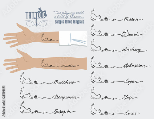 Татуировка на руке, кошка играет клубком ниток, мужское имя, Matthew, Benjamin, Joseph, Mason, David, Anthony, Sebastian, Logan, Jose, Lucas, иллюстрация, вектор