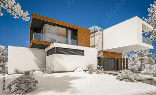 3d rendering of modern cozy house by the river with garage. Cool winter day with shiny white snow. For sale or rent with beautiful mountains on background © korisbo