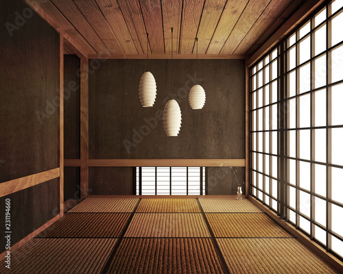 Tatami mats and paper sliding doors called Shoji room japanese zen style.3D rendering