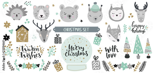 Big set of cute animal faces and christmas hand drawn lettering and clip art design elements. Woodland animals vector illustration