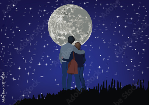coppia di innamorati con un cielo stellato e la luna