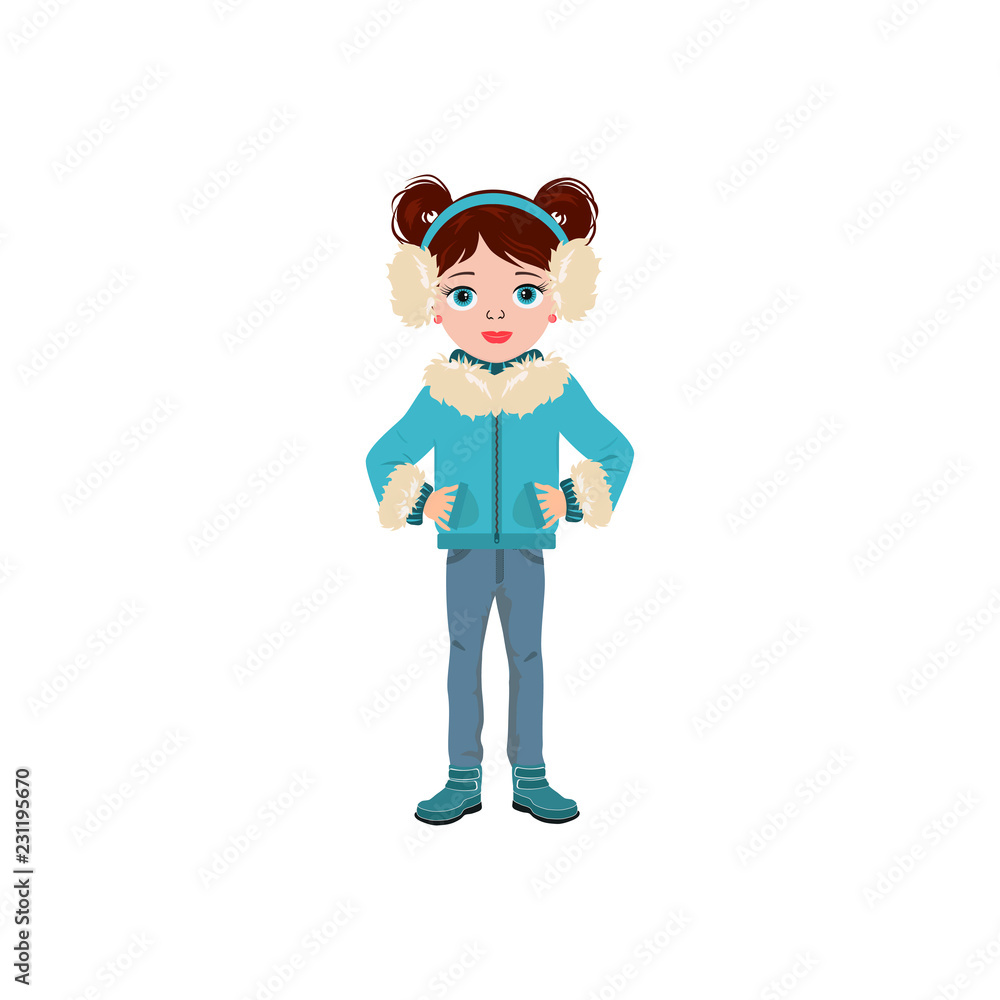 Vector cute little girl in blue jacket and jeans. Autumn fashion. Beautiful girl  can use for postcard, card, poster, invitation, print.