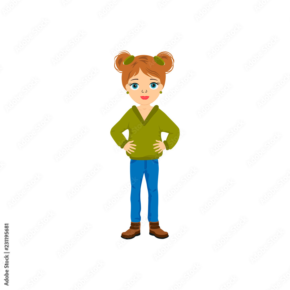 Vector cute little girl cartoon character in sweater and jeans .  Beautiful girl  can use for postcard, card, poster, invitation, print.