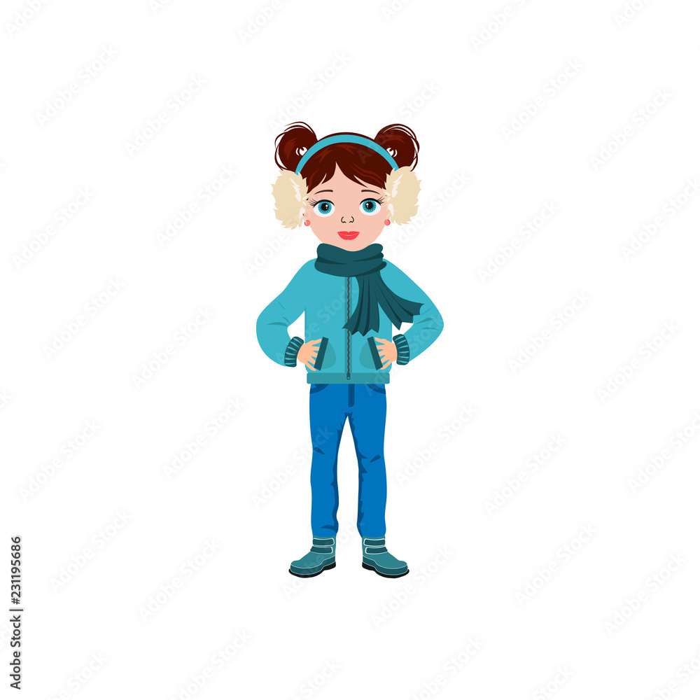 Vector cute little girl in jacket and jeans. Autumn fashion. Beautiful girl can use for postcard, card, poster, invitation, print. Vector cute little girl in jacket and jeans. Autumn fashion. Beautiful girl can use for postcard, card, poster, invitation, print.