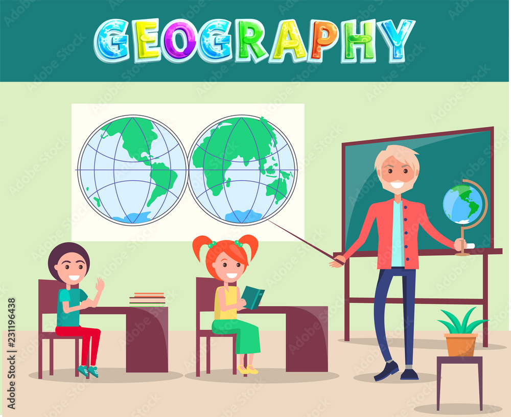 Geography Lesson Poster with Smiling Characters Geography Lesson Poster with Smiling Characters