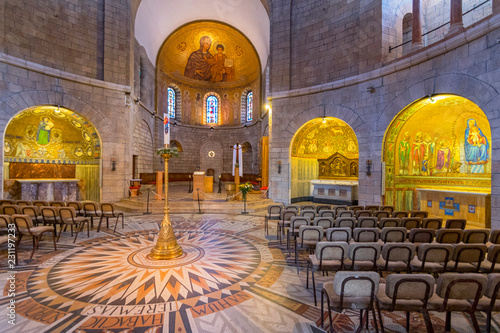 interior of the Dormition Abbey on Mount Zion in Jerusalem, Israel.
