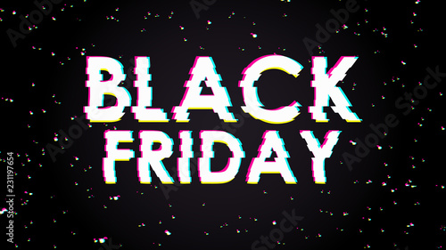 Trendy glitch effect. Black friday banner. Memphis geometric bright style. Colorful fun comic. Cosmic space. Universe galaxy festive backdrop. Deep sky space with lights noise. Anaglyph 3D. E-commerce