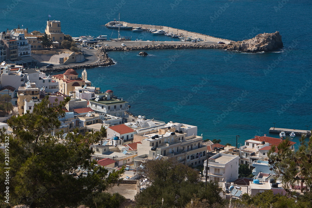 View of Pigadia from the trail from Amopi on Karpathos in Greece