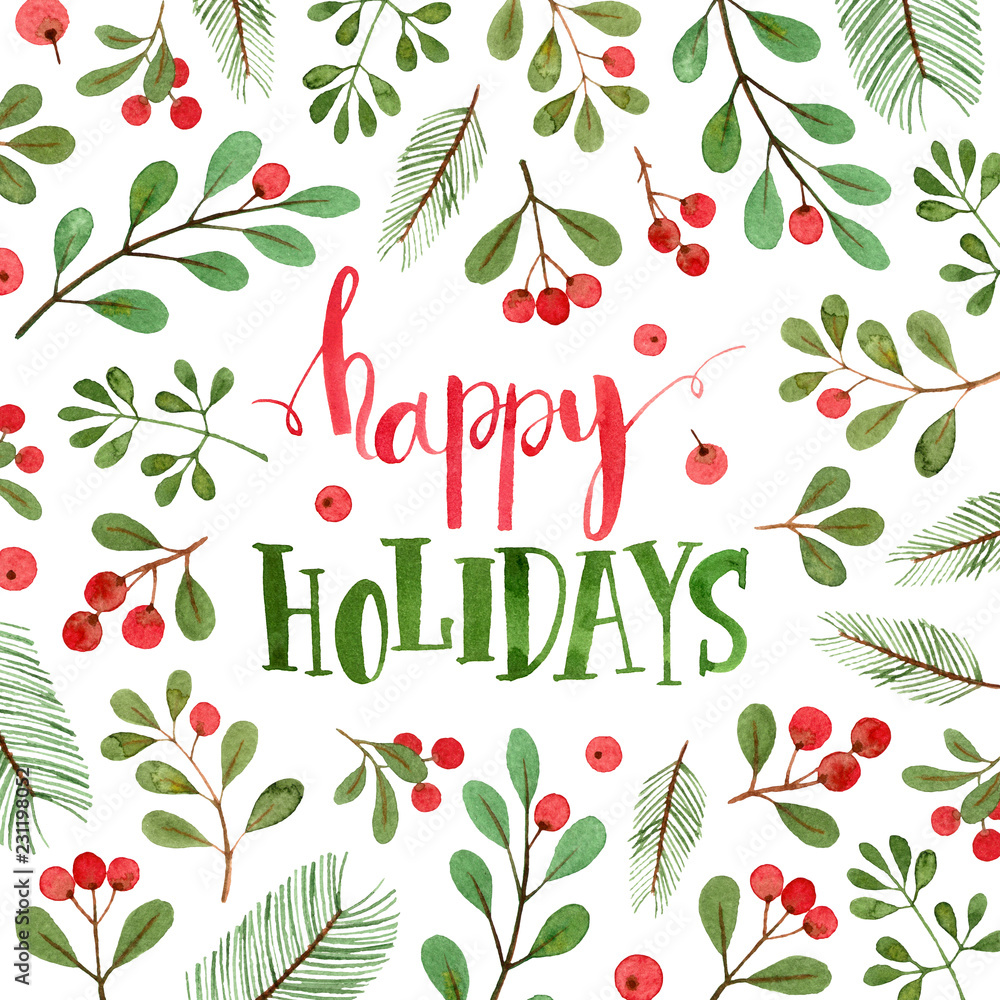 happy holidays square card. watercolor christmas illustration and