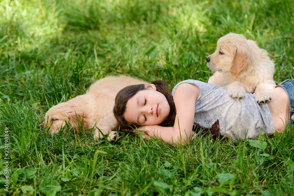 Girl is dozing with pets