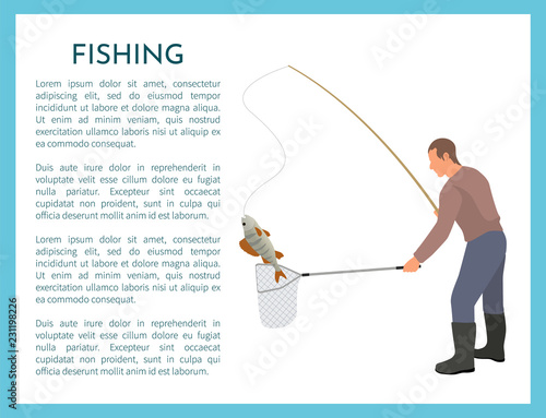 Fishing with Tackle and Landing Net for Fish Catch