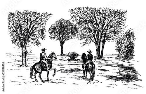 Romantic landscape with horse riders.