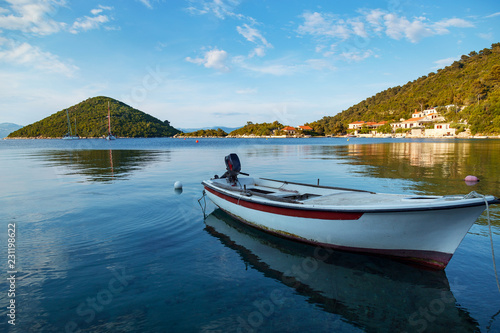 Boat at sea.Small town of Prozurska Luka on Mljet island.Croatia