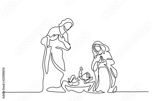 Continuous one line drawing. Bible Merry christmas scene of holy family. Vector illustration