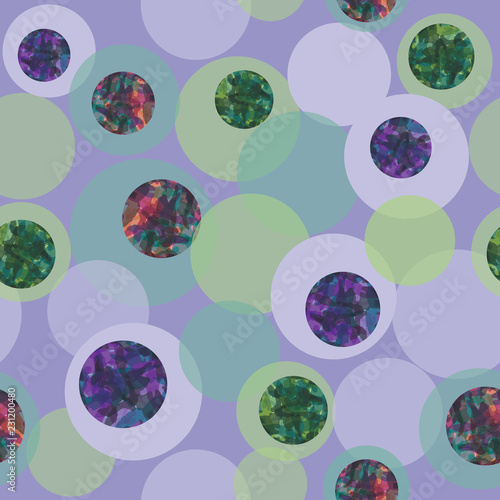 Sparkling  round jewels on pastel tinted, overlapping orbs. Seamless vector pattern features purple and green. For fashion, textile, product packaging, print on demand, stationery and  graphic design.