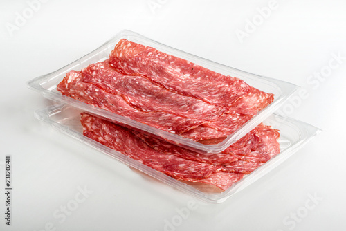 Tray Packaged of Presliced Salame photo
