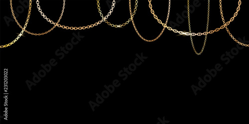 Gold different chains hanging on a black background. Vector. photo