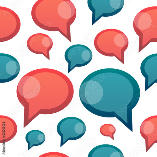 Vector seamless pattern background with isolated red and blue speech bubbles – abstract icon of talking people