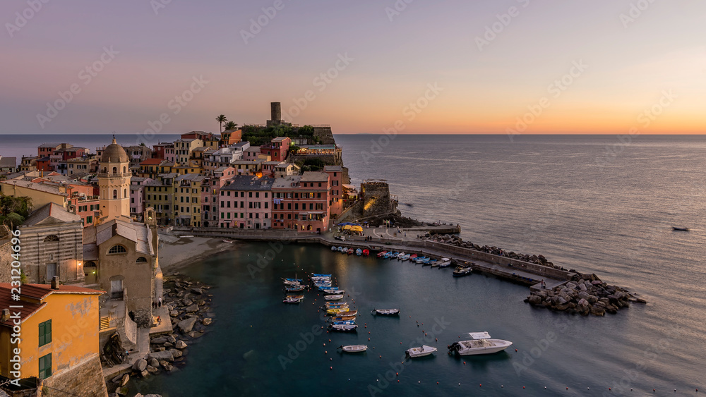 Beautiful aerial view of Vernazza after sunset, Cinque Terre, Liguria, Italy