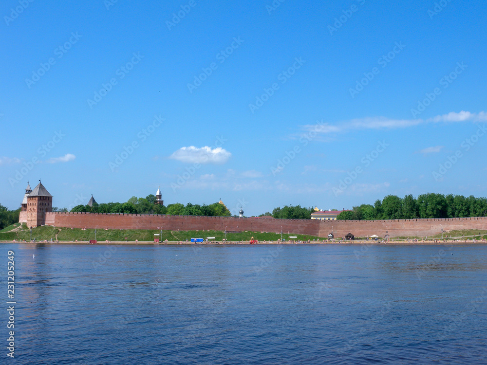 Veliky Novgorod.  The river Volkhov and the Novgorod Kremlin walls