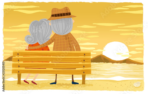Elderly couple sitting on wooden bench