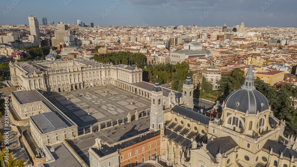 Royal Palace of Madrid and cathedral de la Almudena, aerial view