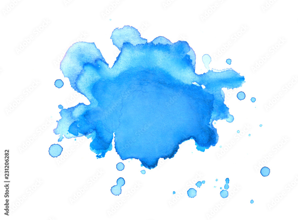 blue watercolor paint blob or blotch with paint spatter drips and drops on watercolor paper background