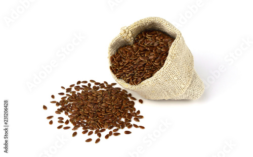 Isolated Flax Seed in Linen Sack (Flaxseed).