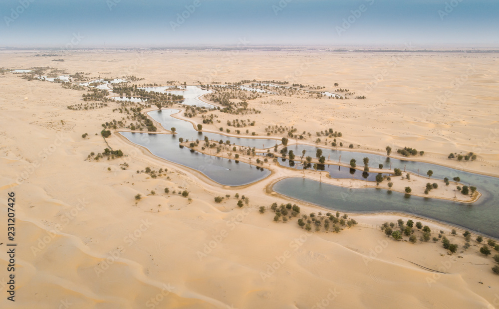  aerial view of Al Qudra desert and lakes