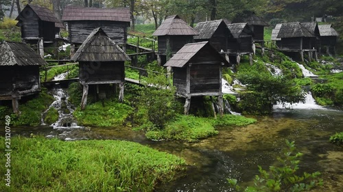 Old wooden waterills of Jajce on river, Bosnia and Herzegovina