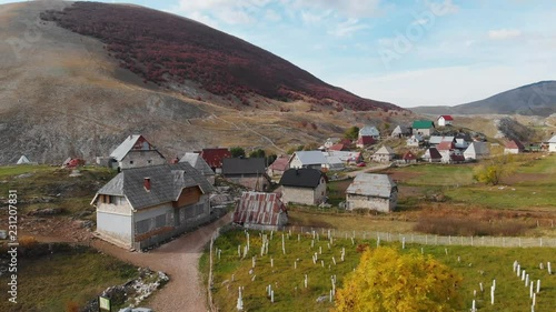 Lukomir, remote village in Bosnia mountains, birds eye view from above