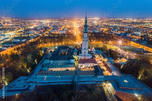 Obraz na płótnie Night aerial drone view on Czestochowa and Jasna Gora monastery w salonie