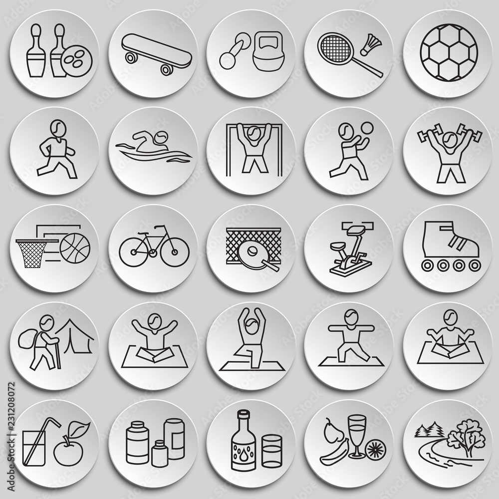 Sport and healthy life thin line on plates background icons