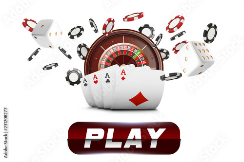 Playing cards and poker chips fly casino. Casino roulette concept on white background. Poker casino vector illustration. Red and black realistic chip in the air. Gambling play button mobile app icon.