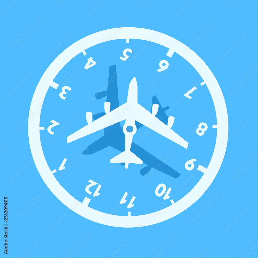 Jet lag - confusion adn time desorientation during travelling by plane and airplane. Traveler's Biorhythm disorder and problem in plane. Vector illustration Jet lag - confusion adn time desorientation during travelling by plane and airplane. Traveler's Biorhythm disorder and problem in plane. Vector illustration