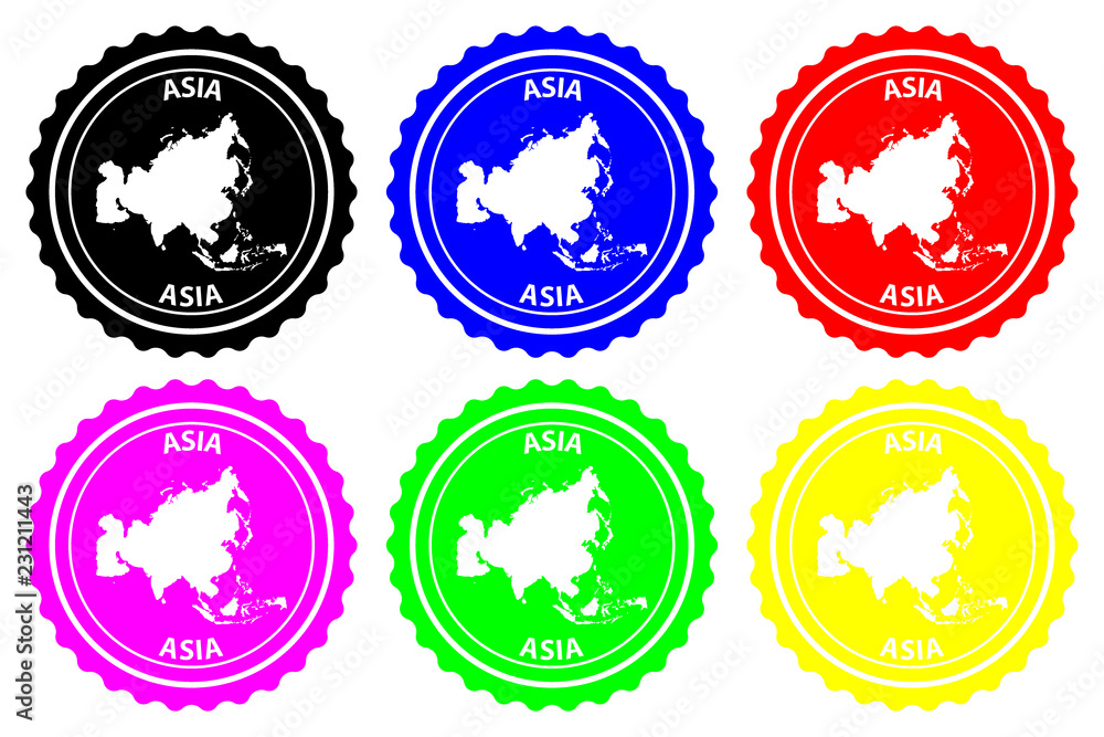 Asia - rubber stamp - vector, Asia continent map pattern - sticker - black, blue, green, yellow, purple and red