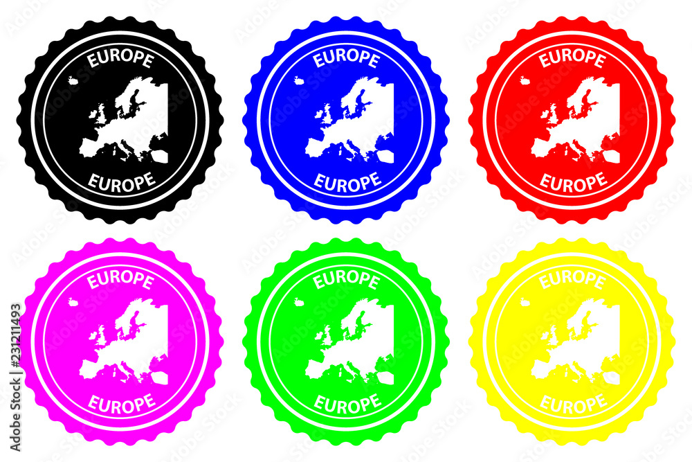 Europe - rubber stamp - vector, Europe continent map pattern - sticker - black, blue, green, yellow, purple and red