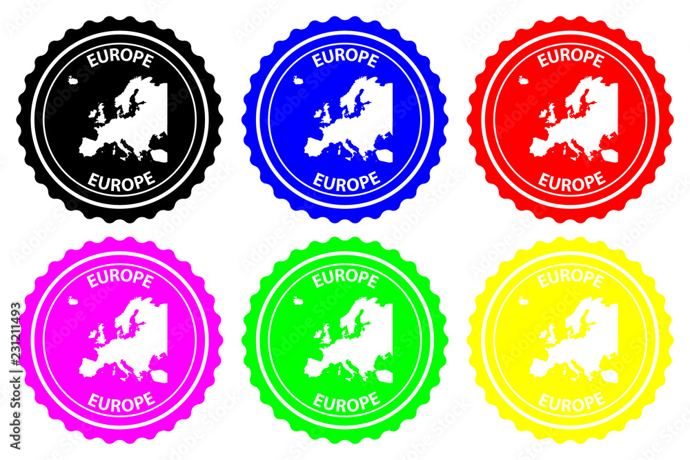 Europe - rubber stamp - vector, Europe continent map pattern - sticker - black, blue, green, yellow, purple and red Europe - rubber stamp - vector, Europe continent map pattern - sticker - black, blue, green, yellow, purple and red