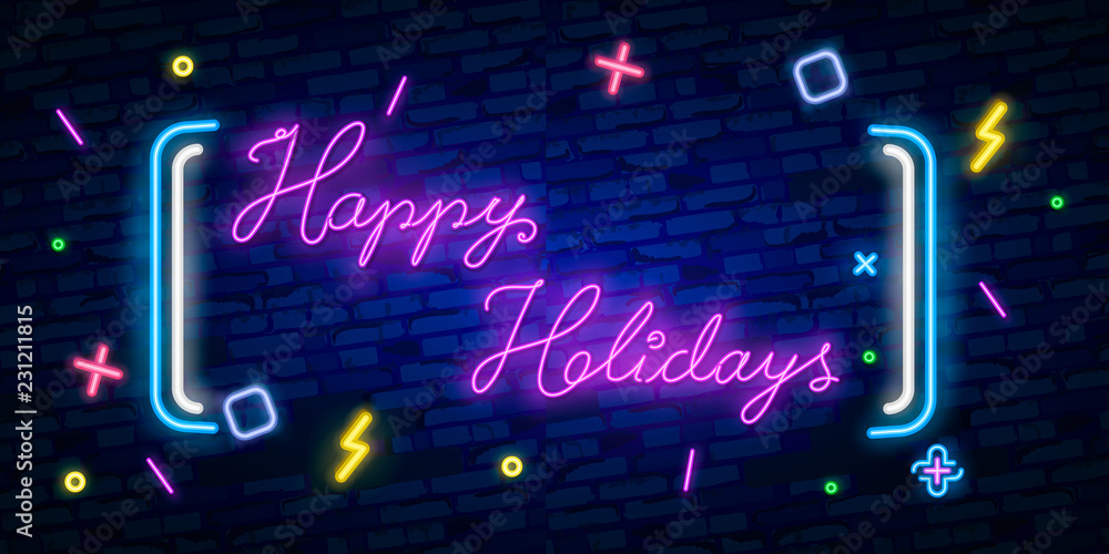 Happy Holidays Neon Text Vector. Happy Holidays neon sign, design