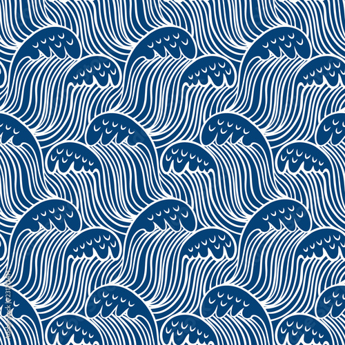 Blue seamless nautic wave pattern, linear design